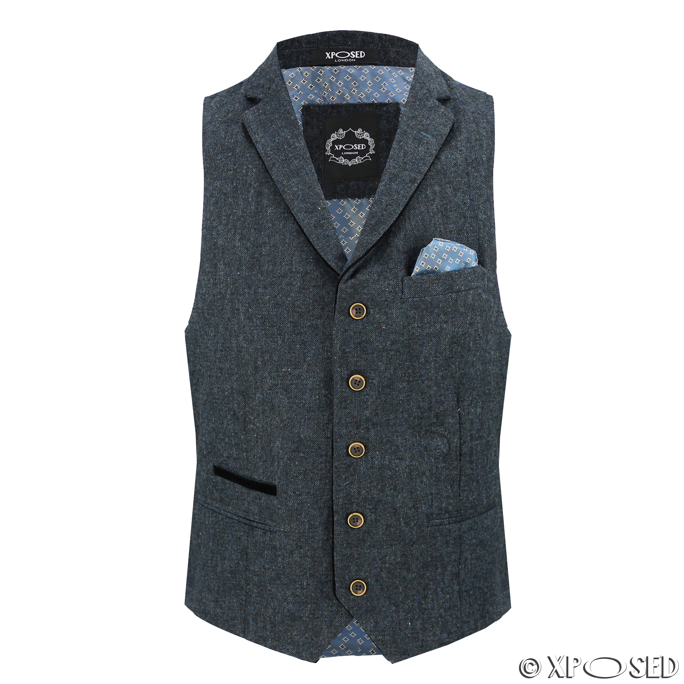 New Mens Wool Mix Herringbone Tweed Vintage Collar Waistcoat Tailored